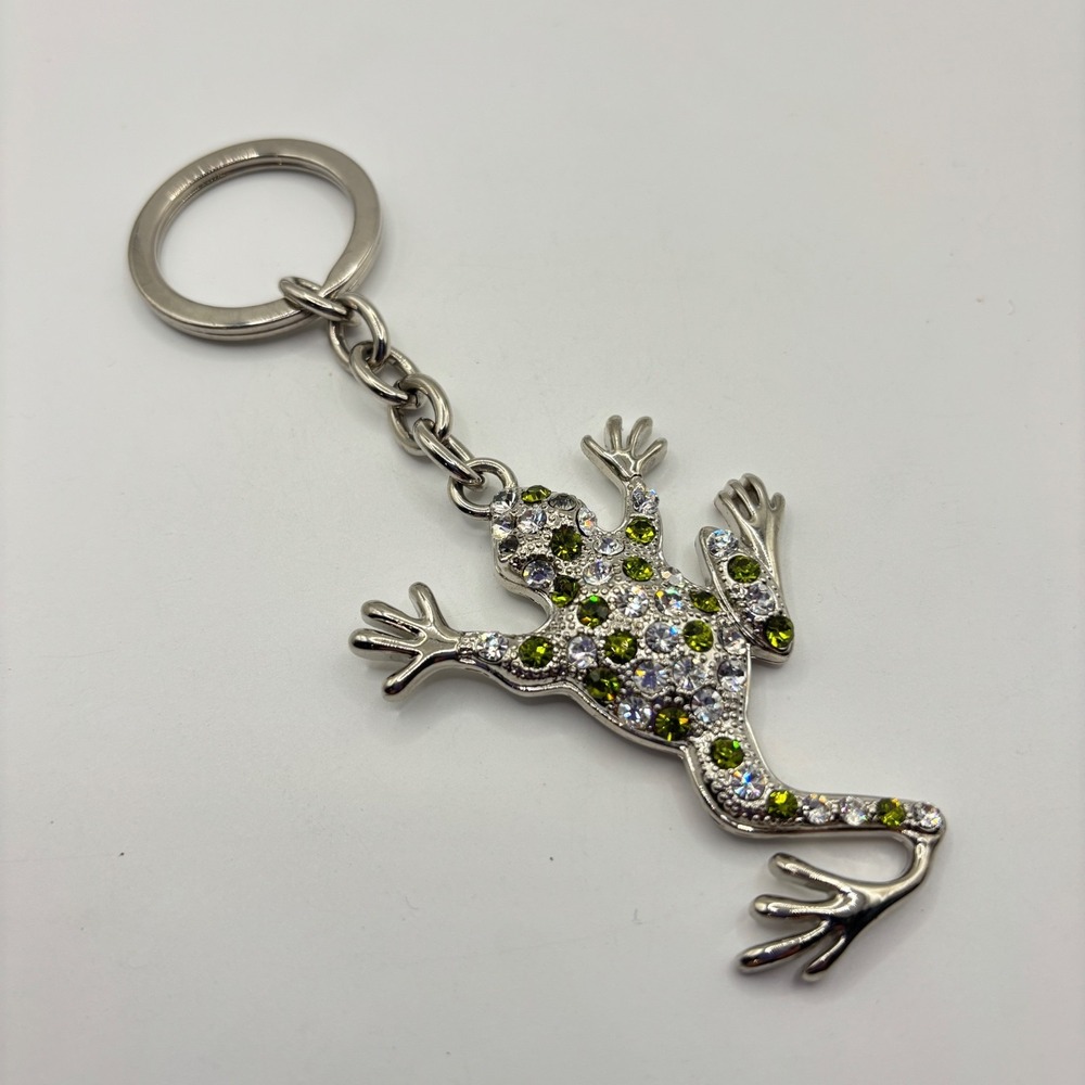 Vintage Frog Keychain Green Rhinestones Silver Tone